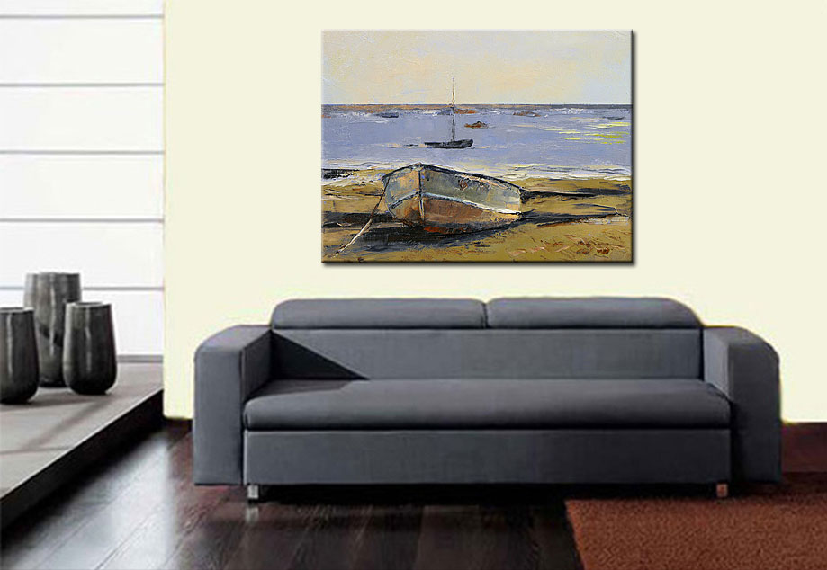 Bootje op het Strand modern schilderij 120x90cm - Afbeelding 2