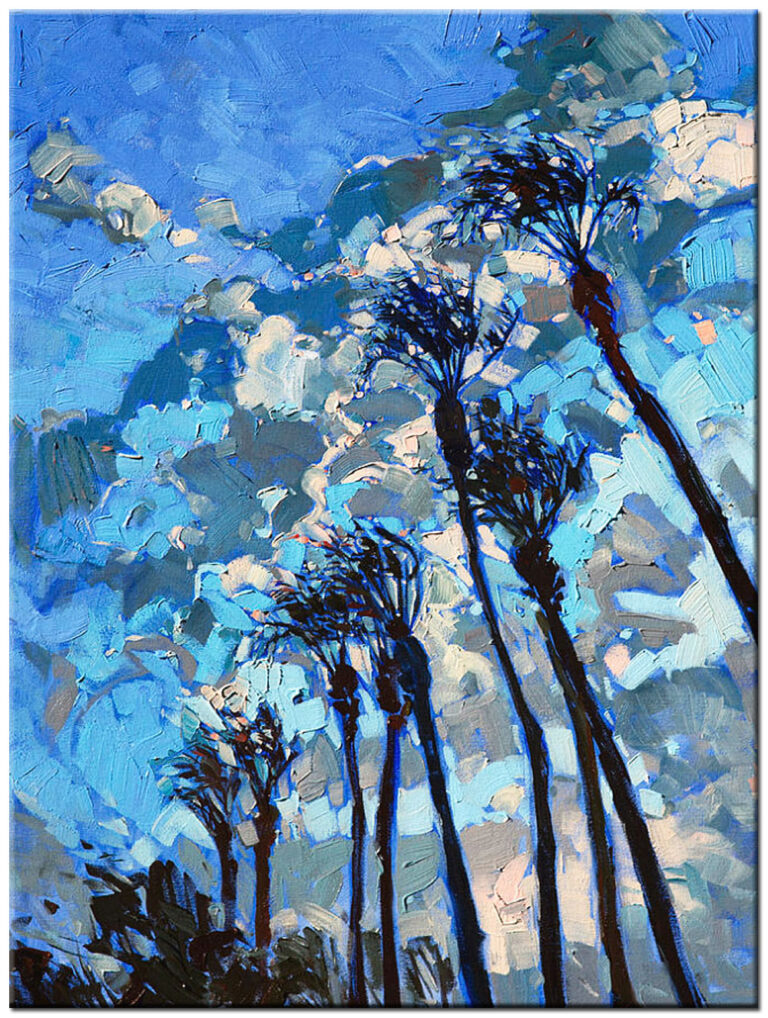 Schilderij Blauwe Horizon met Bomen handgeschilderd olieverf schilderij met blauwe lucht en abstracte bomen