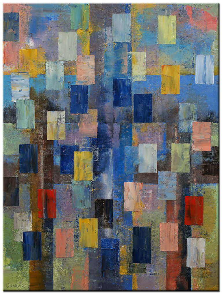 Schilderij Blokken in Blauw handgeschilderd abstract olieverf schilderij met geometrische kleurvlakken