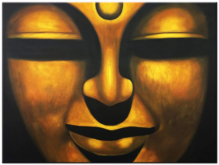 Gouden Boeddha handgeschilderd olieverf schilderij met boeddha gezicht in gouden tinten en serene uitstraling