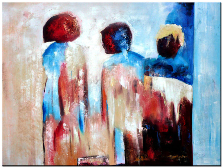 Schilderij Drie Mensen handgeschilderd olieverf schilderij met abstracte figuren in blauw en rood