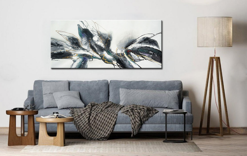 Abstract schilderij Zilver en schaduwspel 160x70cm - Afbeelding 4