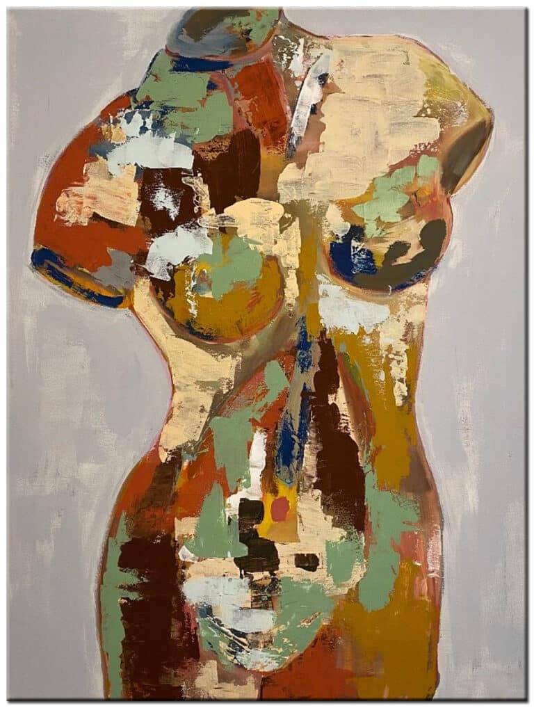 Vrouwelijke Torso handgeschilderd olieverf schilderij met abstract vrouwelijk lichaam in aardetinten en gelaagde structuur