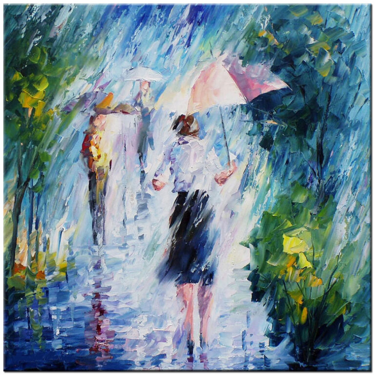 Schilderij Regenachtige Dag handgeschilderd olieverf schilderij met paraplu’s en regenreflecties