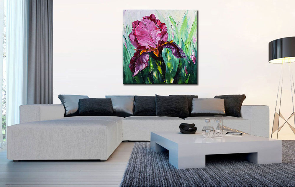 Bloemen schilderij Paarse Iris Modern 100x100cm - Afbeelding 4