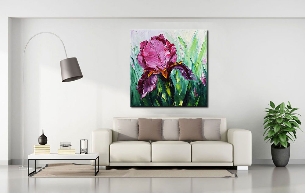 Bloemen schilderij Paarse Iris Modern 100x100cm - Afbeelding 2