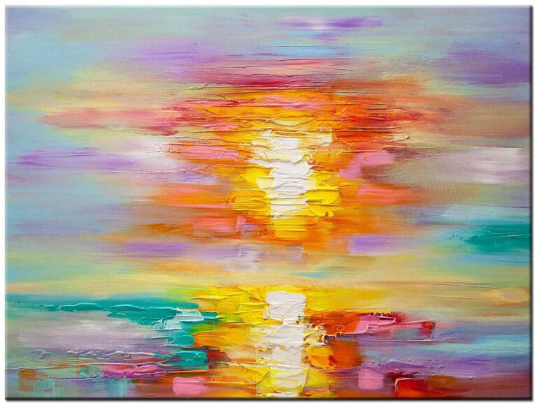 Schilderij warm licht reflectie abstract zonsondergang handgeschilderd olieverf schilderij met gele en oranje tinten