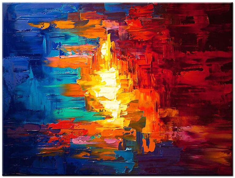Abstract schilderij Lightning in rood, blauw en geel met expressieve verfstructuur
