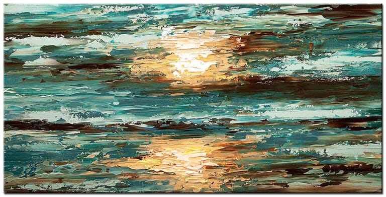 Schilderij Eindeloze Horizon panoramisch handgeschilderd olieverf schilderij met turquoise zee en gouden lichtreflectie