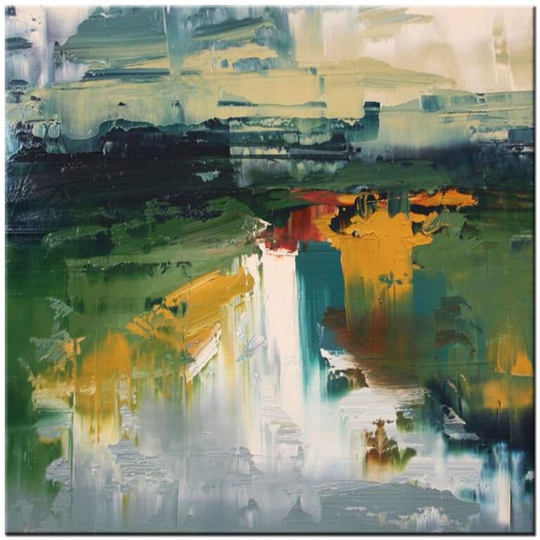 Abstract schilderij Landschap in Kleur met groene, gele en witte tinten