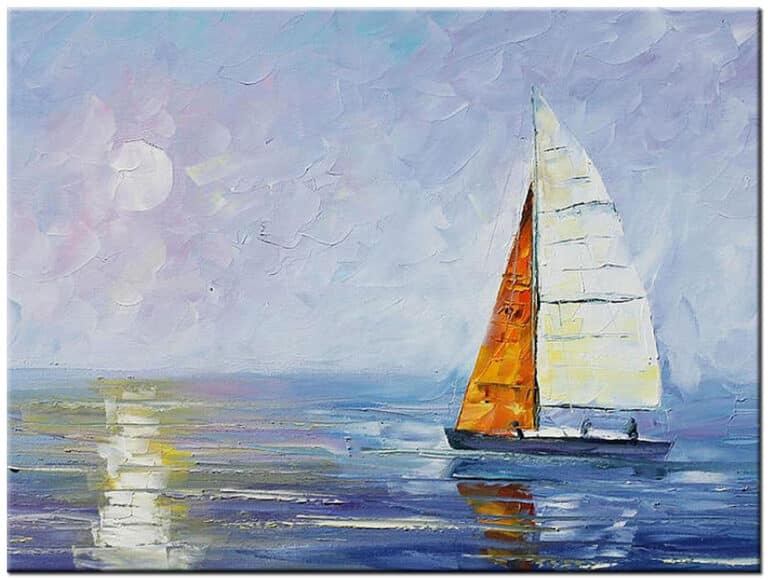 Modern schilderij Zeilboot op Rustig Water handgeschilderd olieverf schilderij in zachte blauw- en lila­tinten met oranje zeil