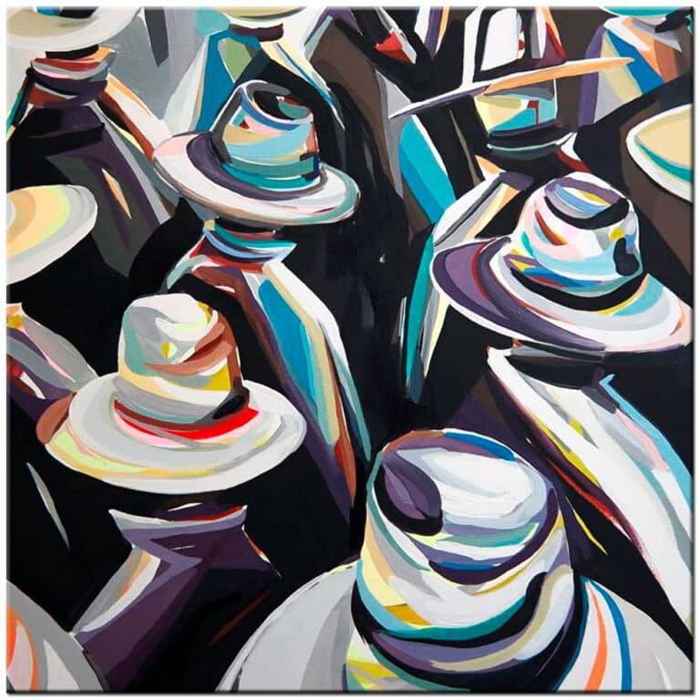 Schilderij Hoeden in de Menigte handgeschilderd olieverf schilderij met stijlvolle figuren en witte hoeden