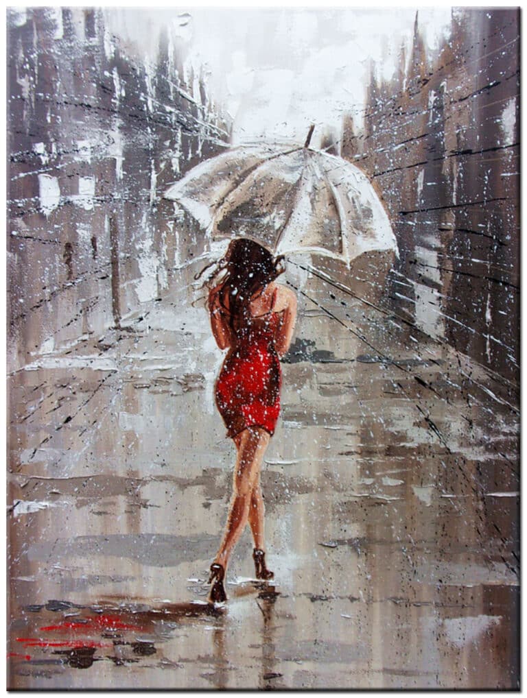 Vrouwen schilderij Rode Jurk in de Regen, figuratief olieverf schilderij met vrouw in rode jurk, paraplu en regenachtig stadsbeeld