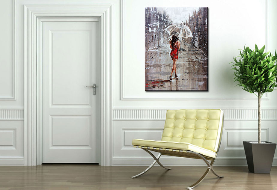 Vrouwen schilderij Rode Jurk in de Regen 90x120cm - Afbeelding 2