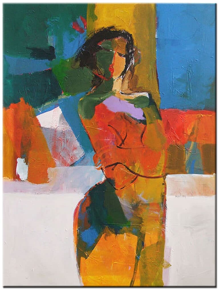 Vrouwen schilderij Abstracte Vrouw, kleurrijk olieverf schilderij met figuratieve vormen in expressieve kleuren en moderne stijl