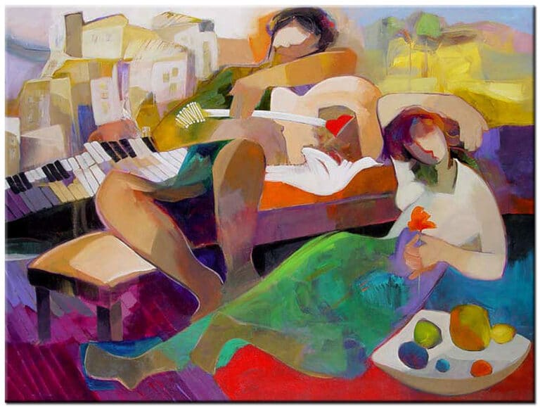 modern schilderij luisteren naar muziek figuratief handgeschilderd olieverf schilderij met mensen en warme kleuren