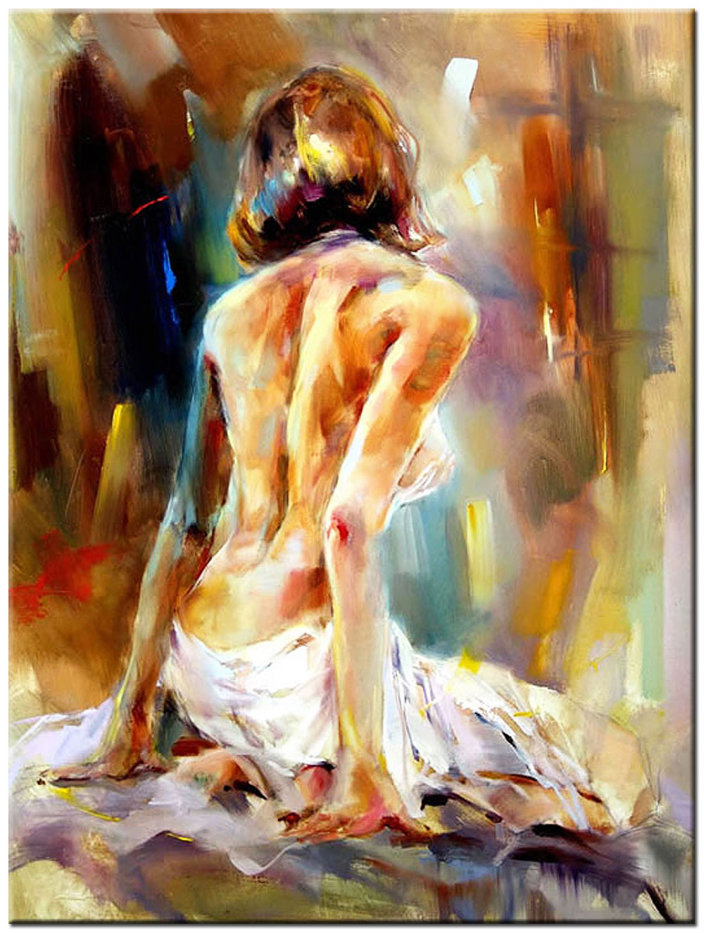 Erotisch schilderij Vrouw in wit doek 90x120cm