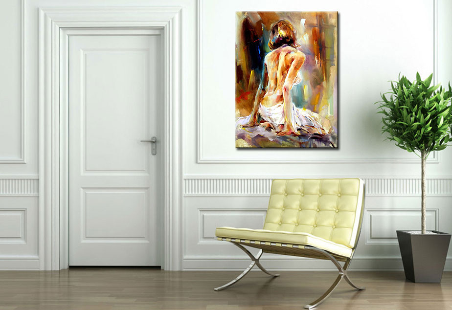 Erotisch schilderij Vrouw in wit doek 90x120cm - Afbeelding 3