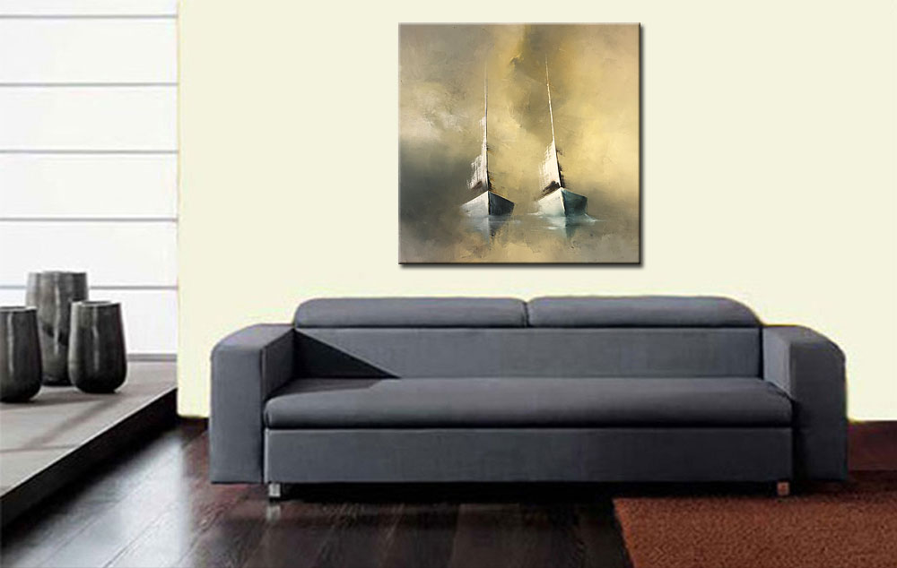 Boten in de Mist modern schilderij 100x100cm - Afbeelding 4