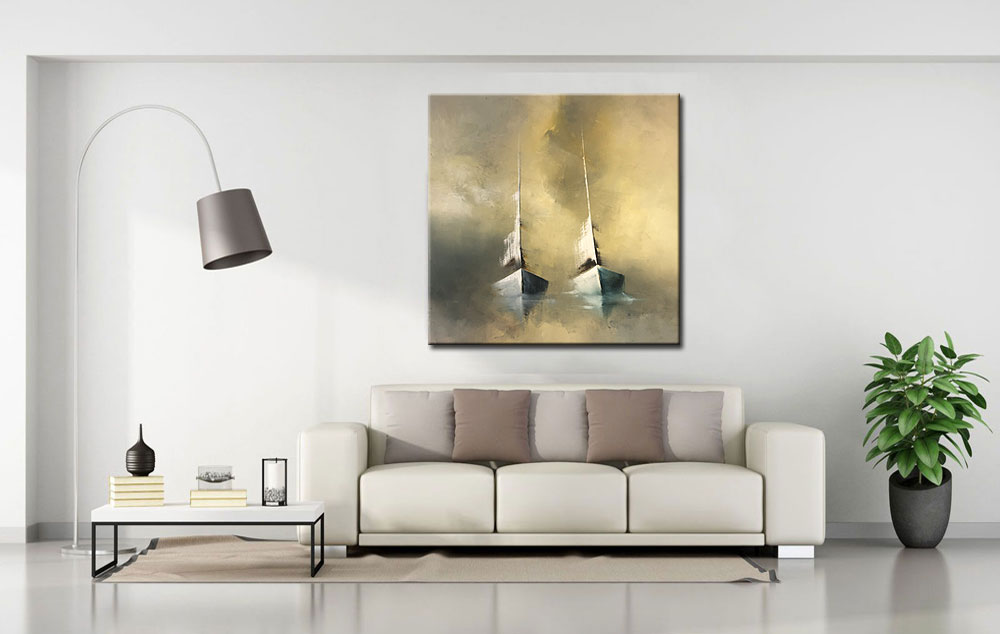 Boten in de Mist modern schilderij 100x100cm - Afbeelding 3