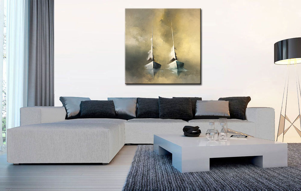 Boten in de Mist modern schilderij 100x100cm - Afbeelding 2