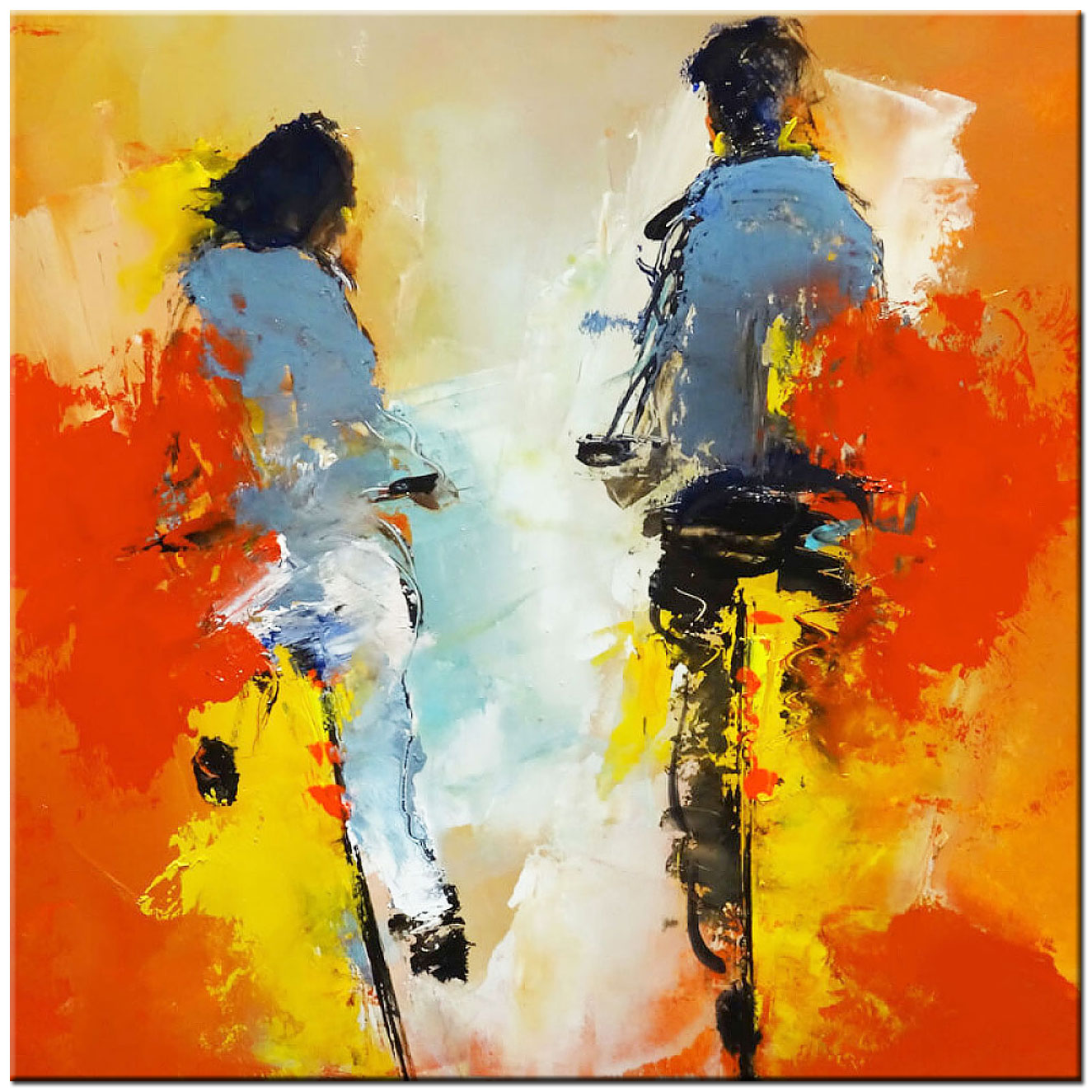 Samen Fietsen modern schilderij 100x100cm