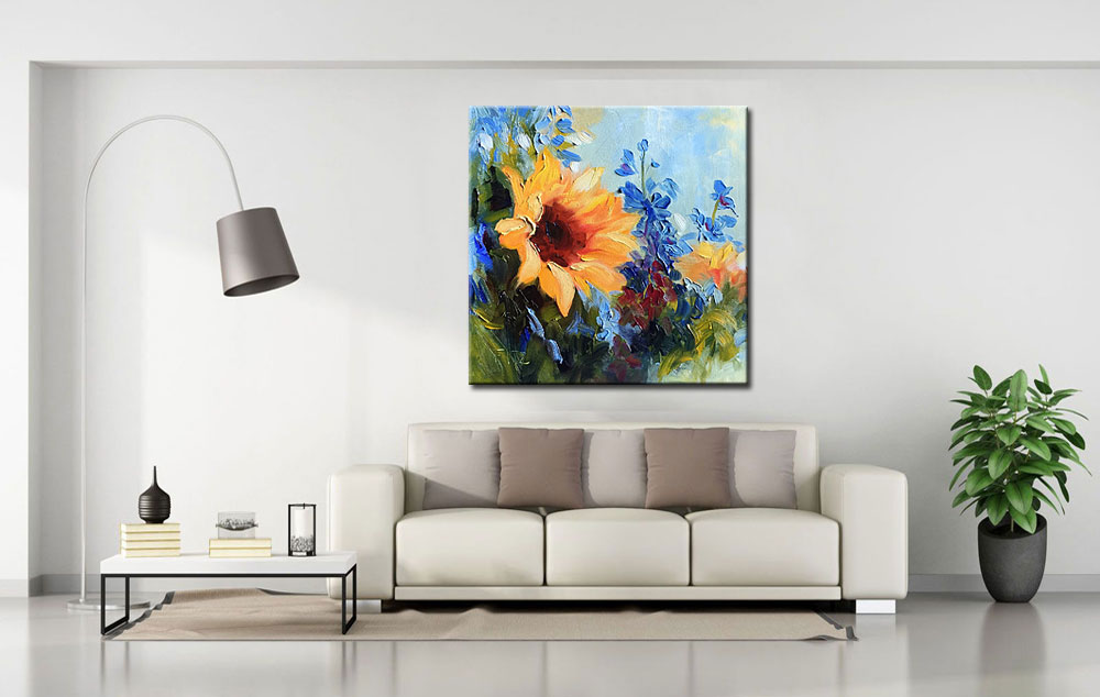 Gele Bloem modern schilderij 100x100cm - Afbeelding 2