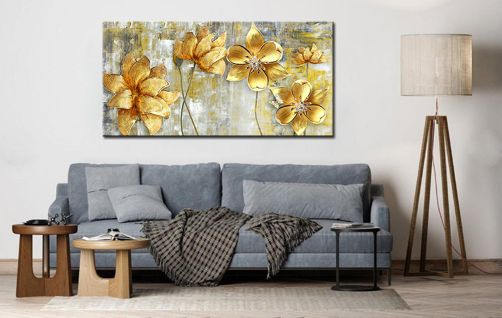 Gouden Bloemen modern schilderij 180x90cm - Afbeelding 2