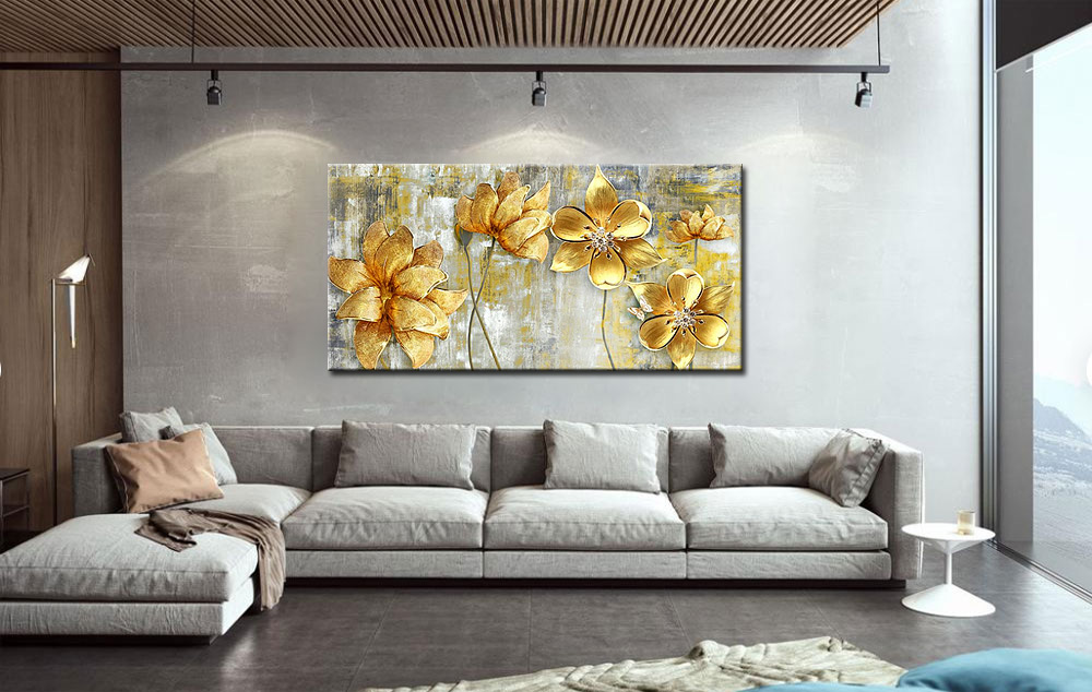 Gouden Bloemen modern schilderij 180x90cm - Afbeelding 4