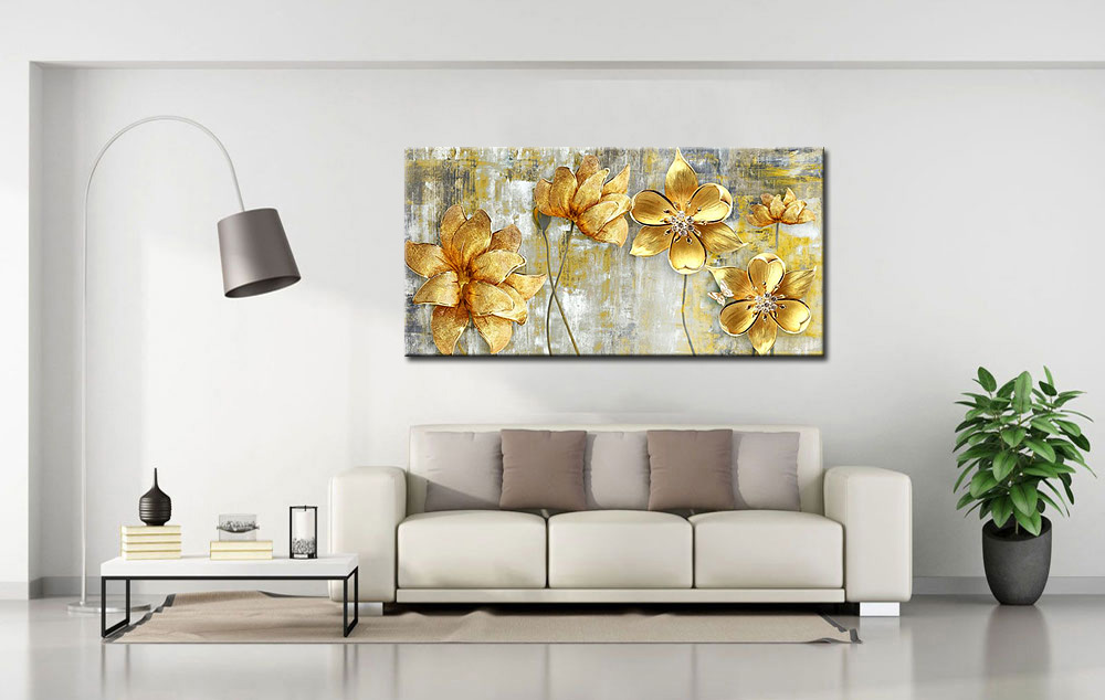 Gouden Bloemen modern schilderij 180x90cm - Afbeelding 3