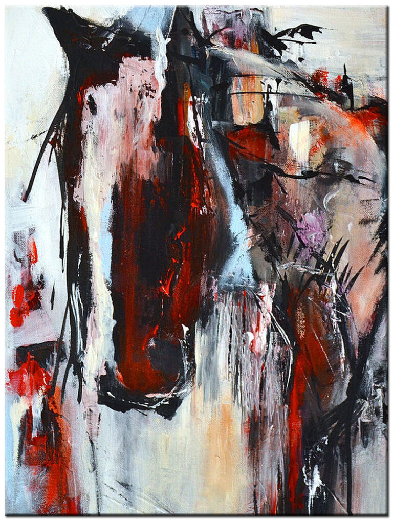 Abstract schilderij Paard Roodtinten verticaal met expressieve olieverfstructuur en warme kleuren