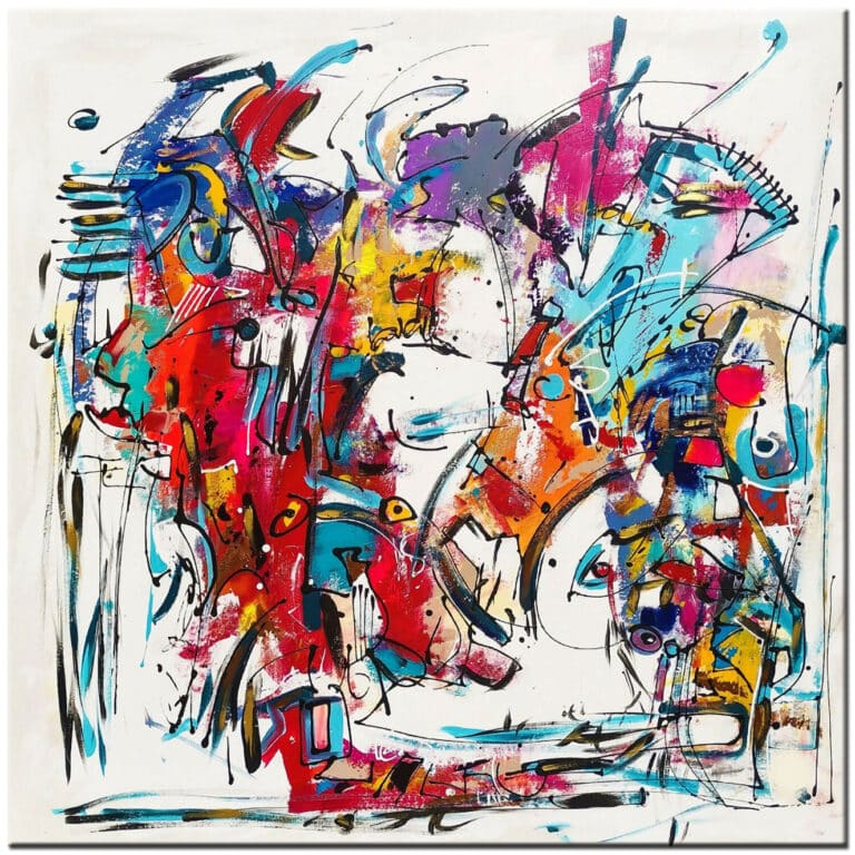 Abstract schilderij Drukte in Chaos met felle kleuren, expressieve lijnen en dynamische beweging, handgeschilderd