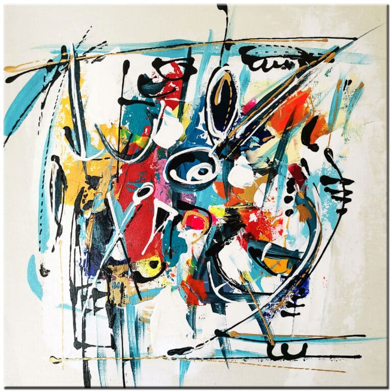 Abstract schilderij Vurig Ritme met felle kleuren, expressieve lijnen en dynamische beweging, handgeschilderd