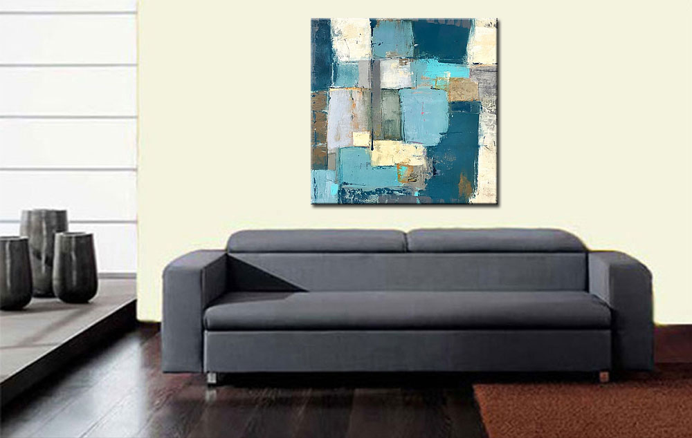Blue Squares abstract schilderij 100x100cm - Afbeelding 4
