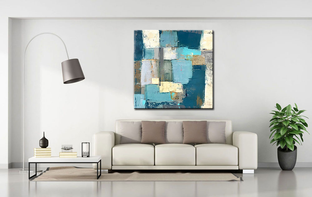 Blue Squares abstract schilderij 100x100cm - Afbeelding 2