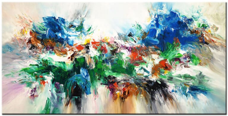 Schilderij Blue Harmony met blauwe groene rode witte en zwarte abstracte penseelstreken