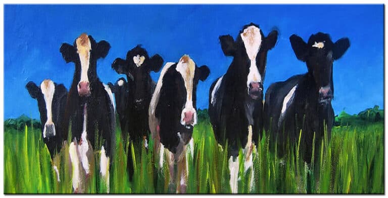 Schilderij Koeien in de Wei – zwart-witte koeien in groen gras onder een helderblauwe lucht