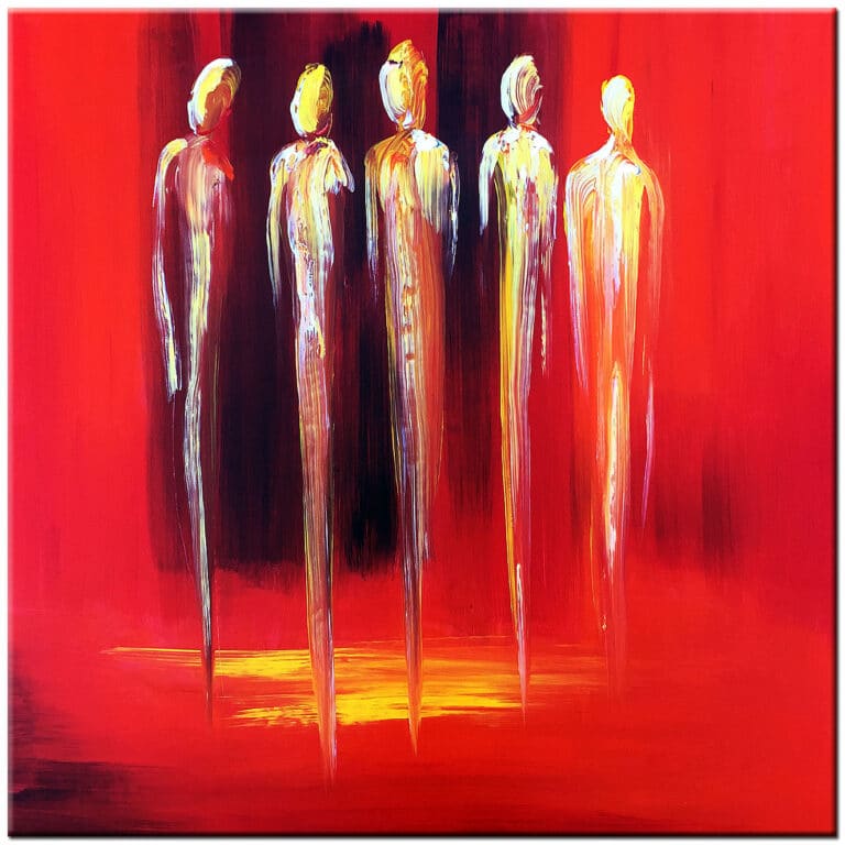 Modern schilderij Vijf Figuren handgeschilderd olieverf schilderij met slanke figuren en rode achtergrond
