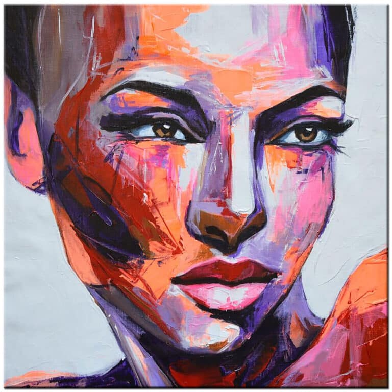 Vrouwen schilderij Krachtige Blik kleurrijk figuratief olieverf schilderij met expressief portret in felle tinten