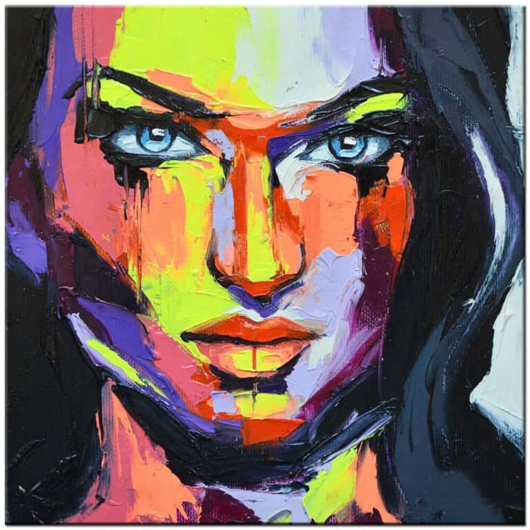 Vrouwen schilderij Power in Colors kleurrijk figuratief olieverf schilderij met expressief portret in felle tinten