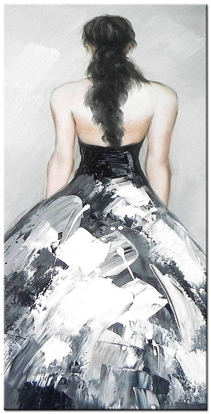Schilderij Elegante Dame – vrouw van achteren met lange zwart-witte jurk