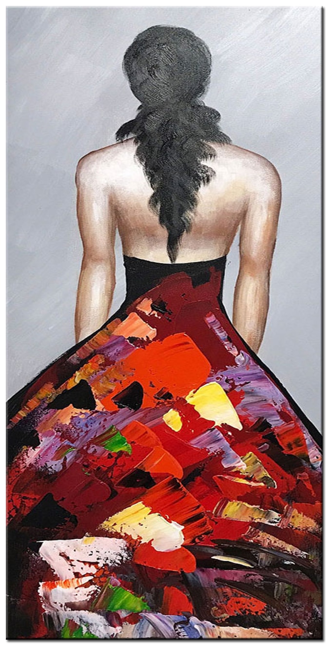 Schilderij Beautiful Dress – vrouw van achteren met lange kleurrijke rode jurk