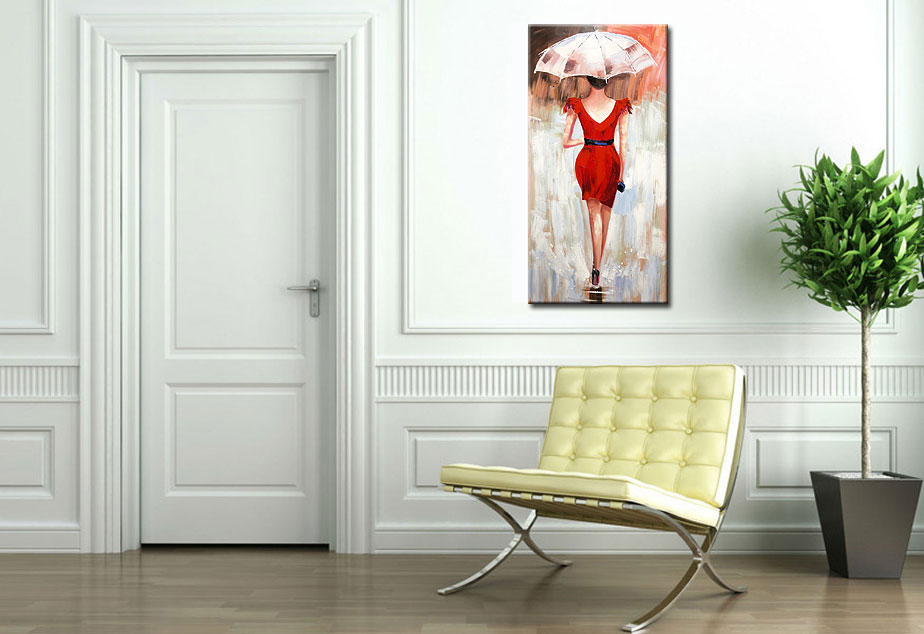 Vrouwen schilderij Rode Jurk met Paraplu 60x120cm - Afbeelding 4