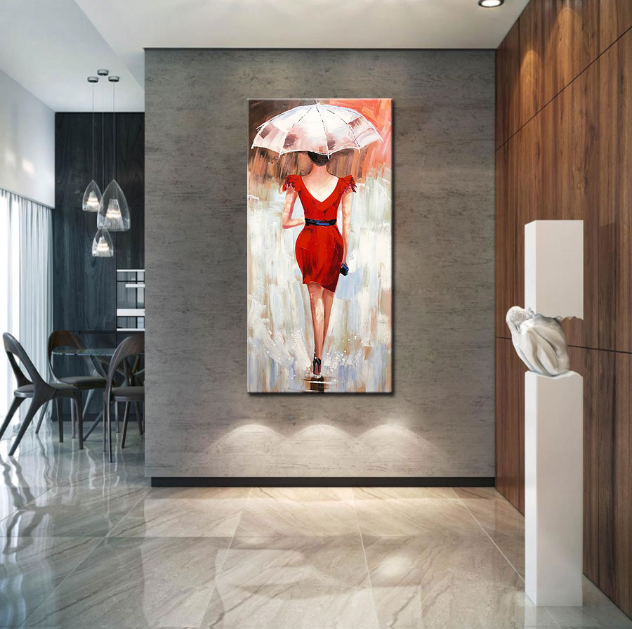 Vrouwen schilderij Rode Jurk met Paraplu 60x120cm - Afbeelding 3