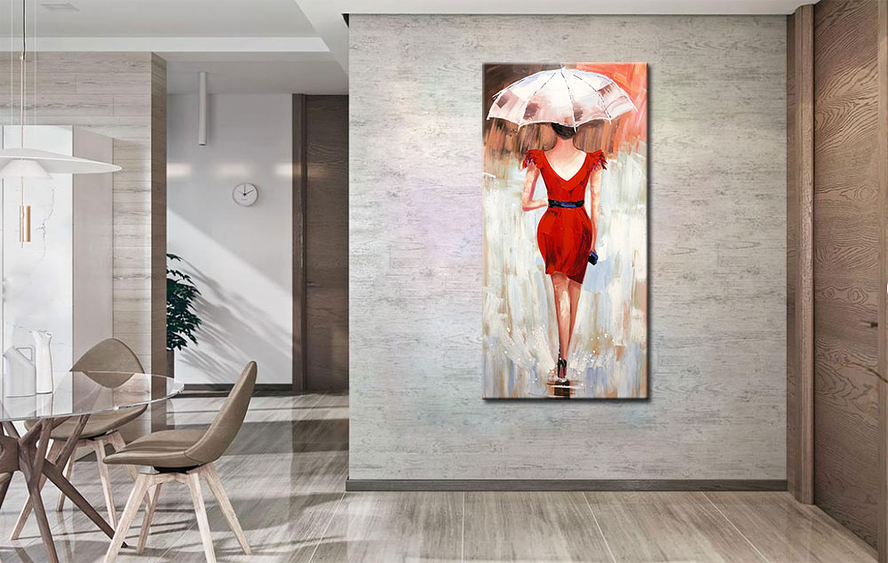 Vrouwen schilderij Rode Jurk met Paraplu 60x120cm - Afbeelding 2