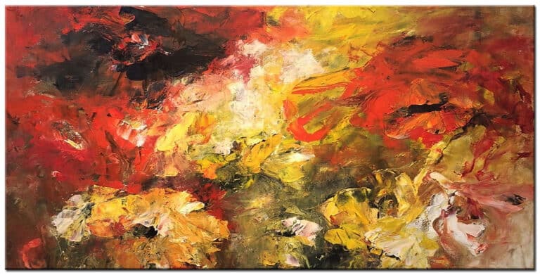 Abstract schilderij Herfstrood groot handgeschilderd olieverf schilderij met warme rood- en geeltinten en abstracte compositie