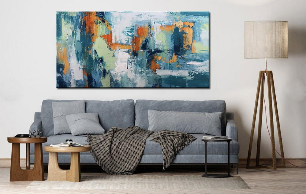 Abstract schilderij Blauw en Oranje 180x90cm - Afbeelding 4