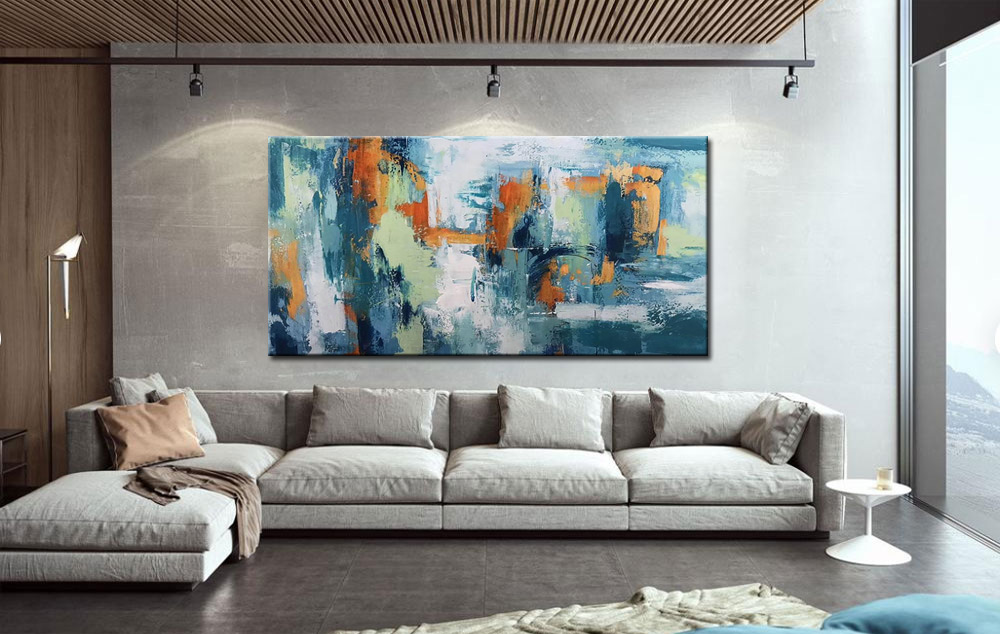 Abstract schilderij Blauw en Oranje 180x90cm - Afbeelding 2