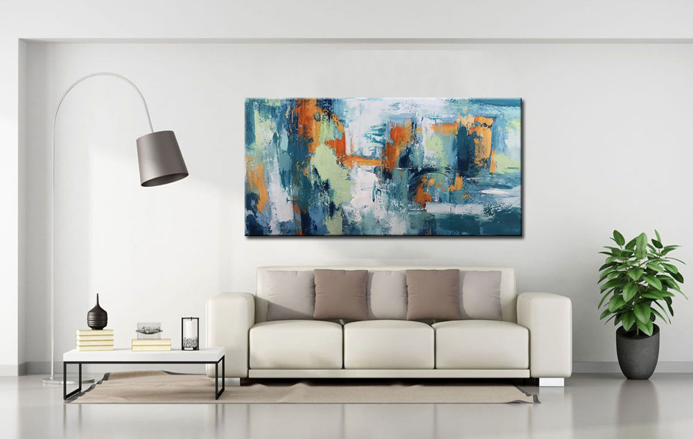 Abstract schilderij Blauw en Oranje 180x90cm - Afbeelding 3