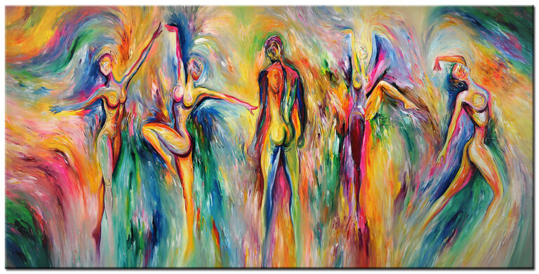 Erotisch schilderij Dansende Lichamen handgeschilderd olieverf schilderij met abstracte dansende figuren in warme en koele kleuren